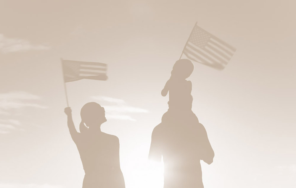 Patriotic,Silhouette,Of,Family,Waving,American,Usa,Flags.